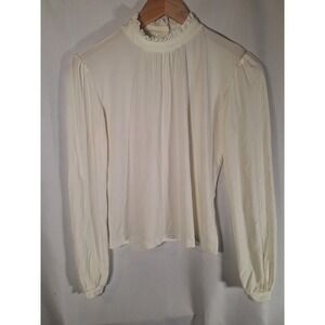 Paniz Womens‎ Ruffle Mock Neck Blouse Off White Long Sleeve Puff Shoulder Top S